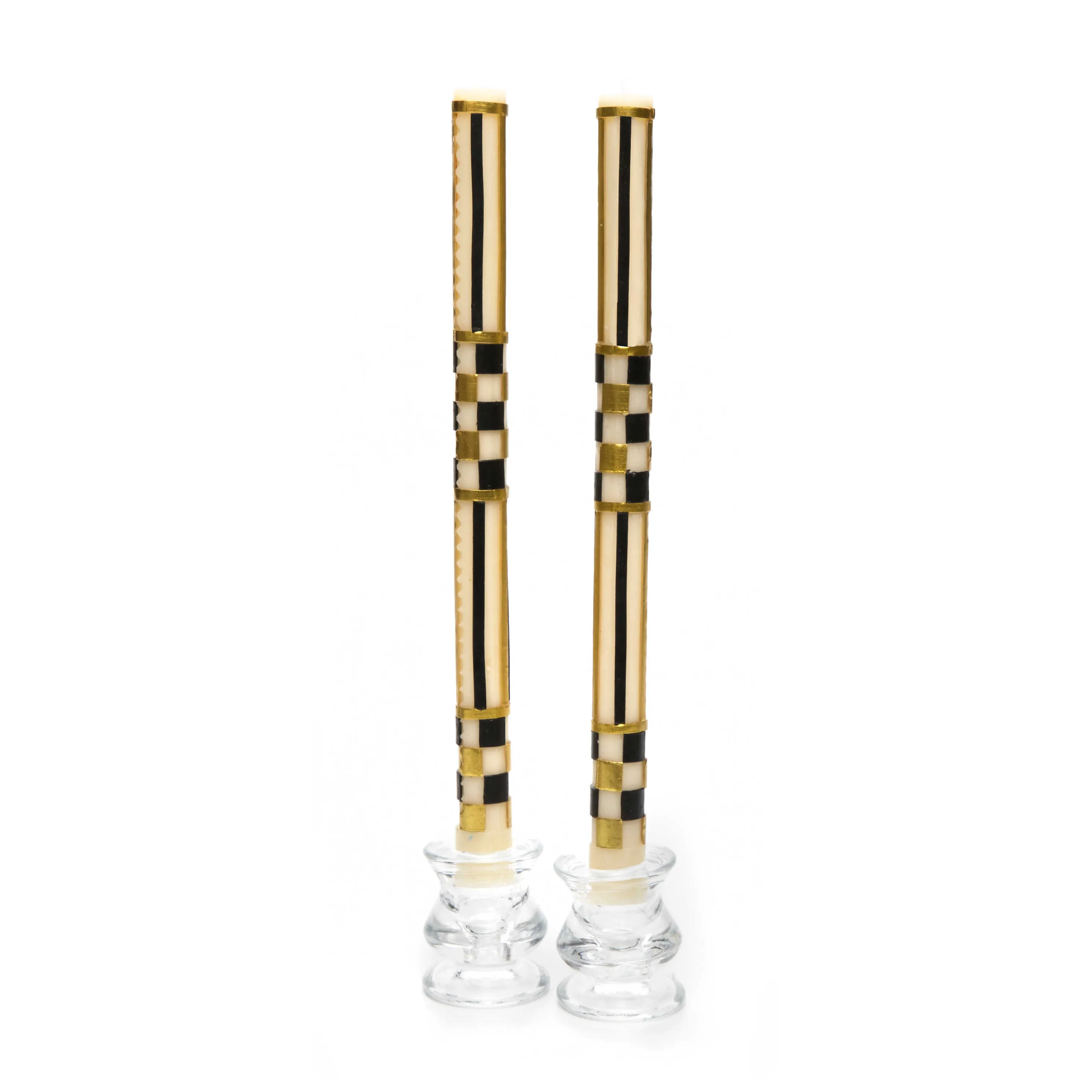 Check & Stripe Dinner Candles - Black & Gold - Set Of 2