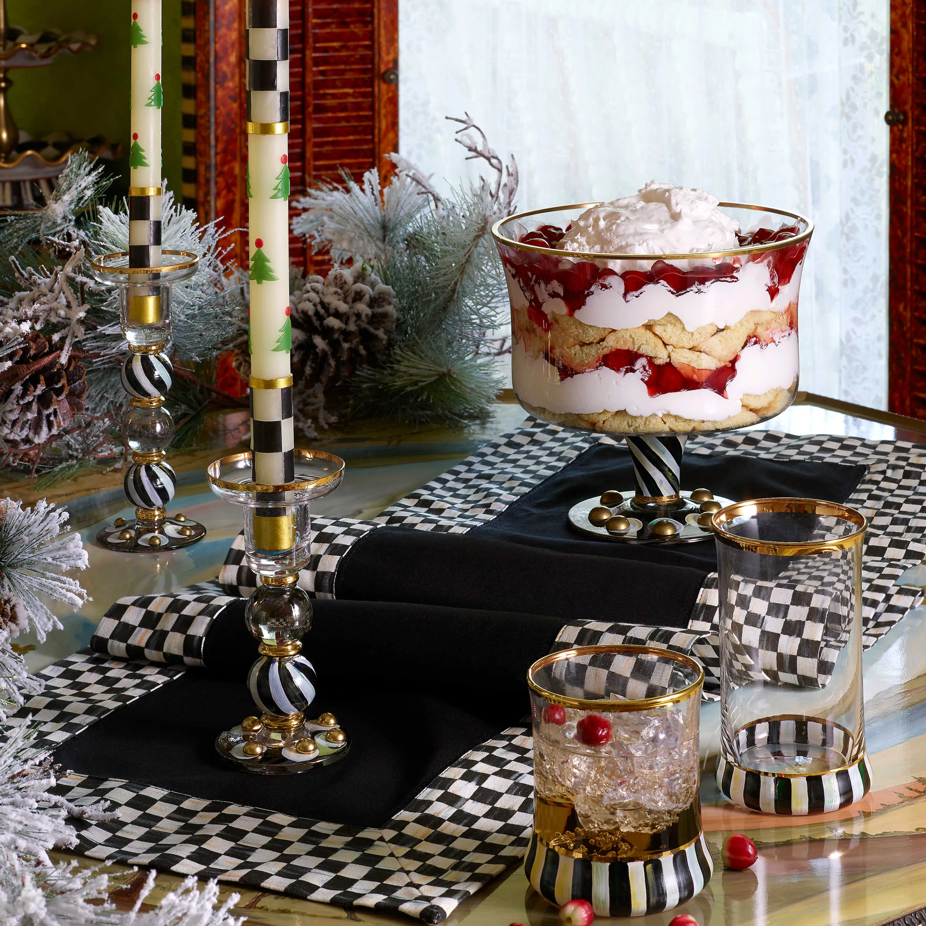 Christmas Tree Dinner Candles - Check Bands - Set Of 2