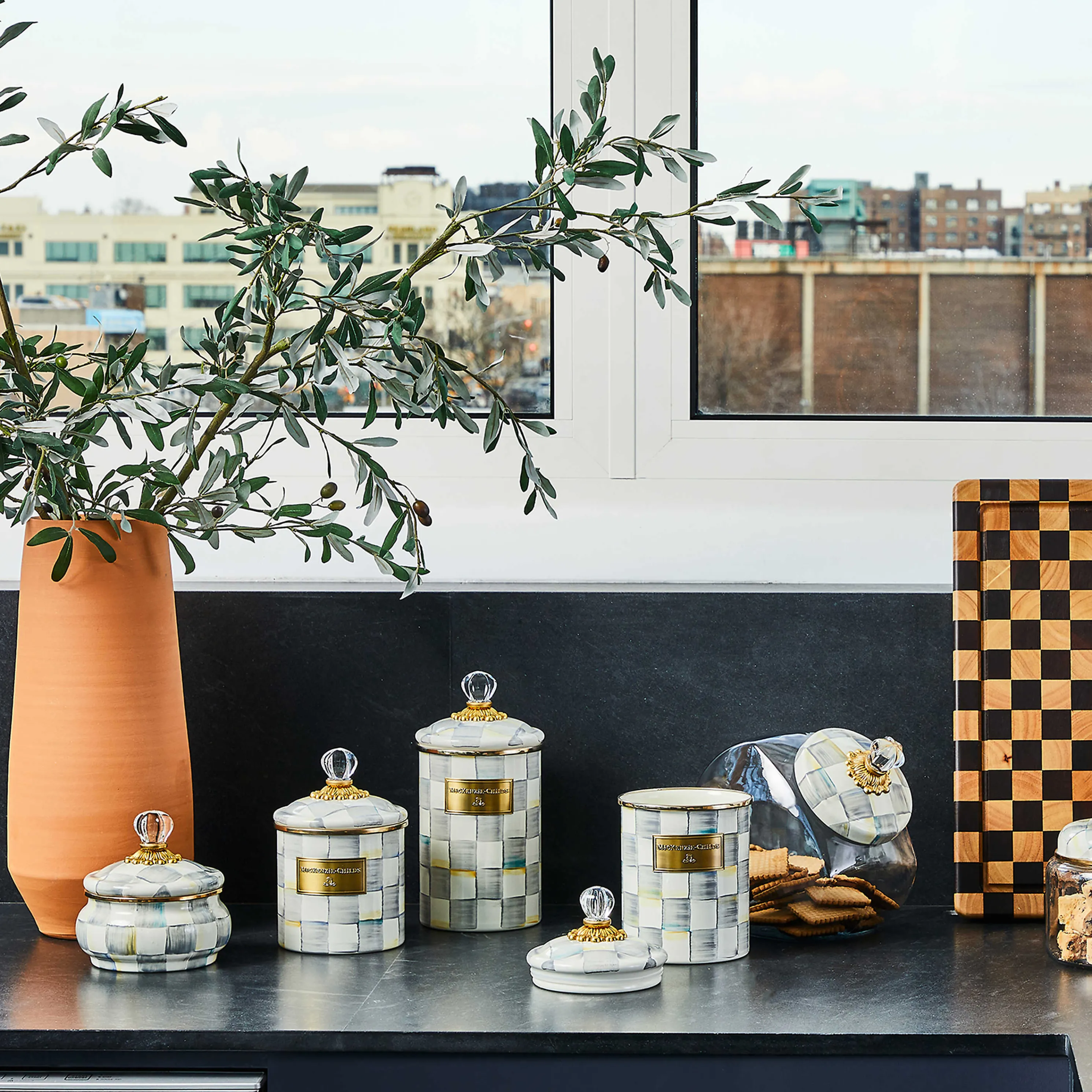 Cookie Jar With Sterling Check Enamel Lid