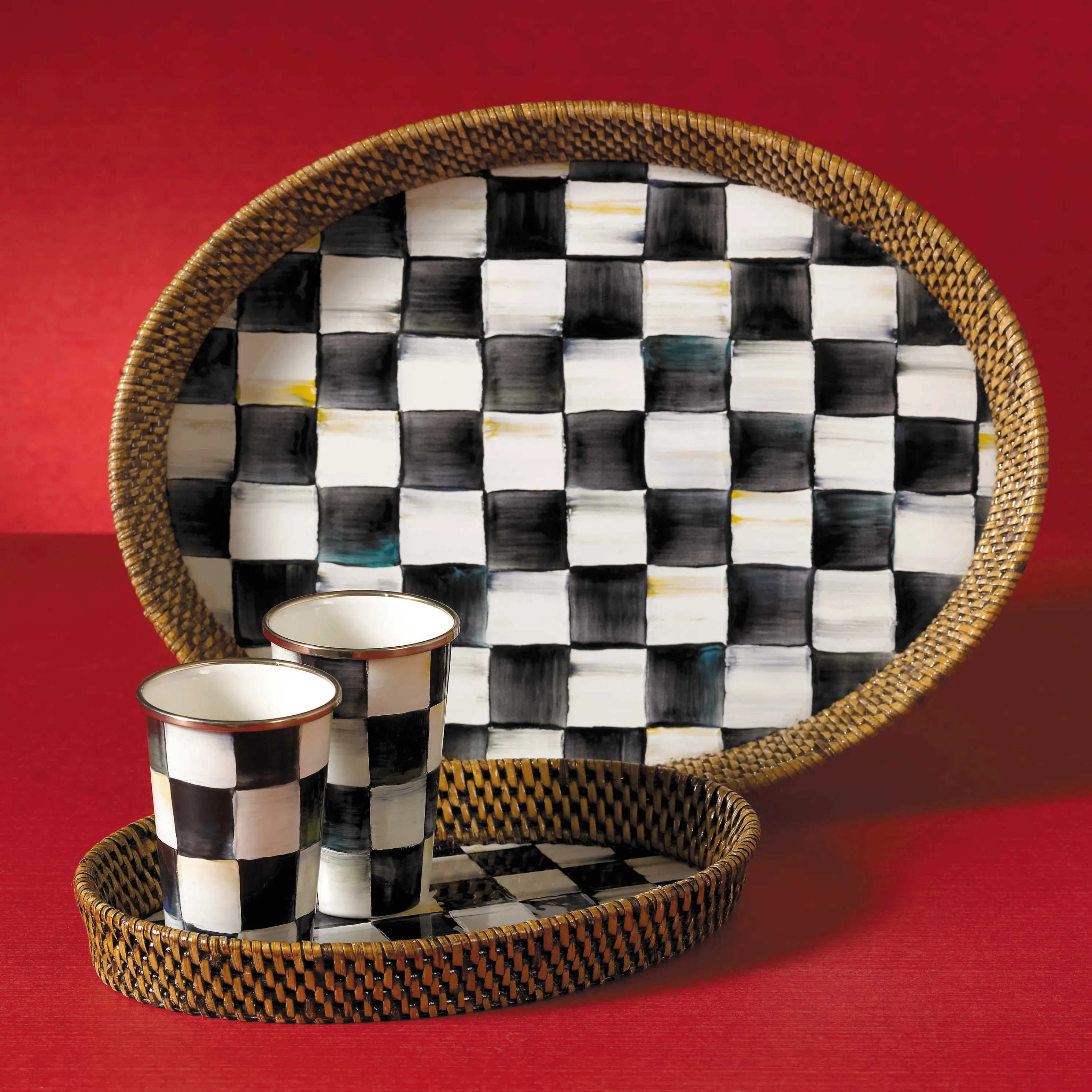Courtly Check Rattan & Enamel Tray - Small