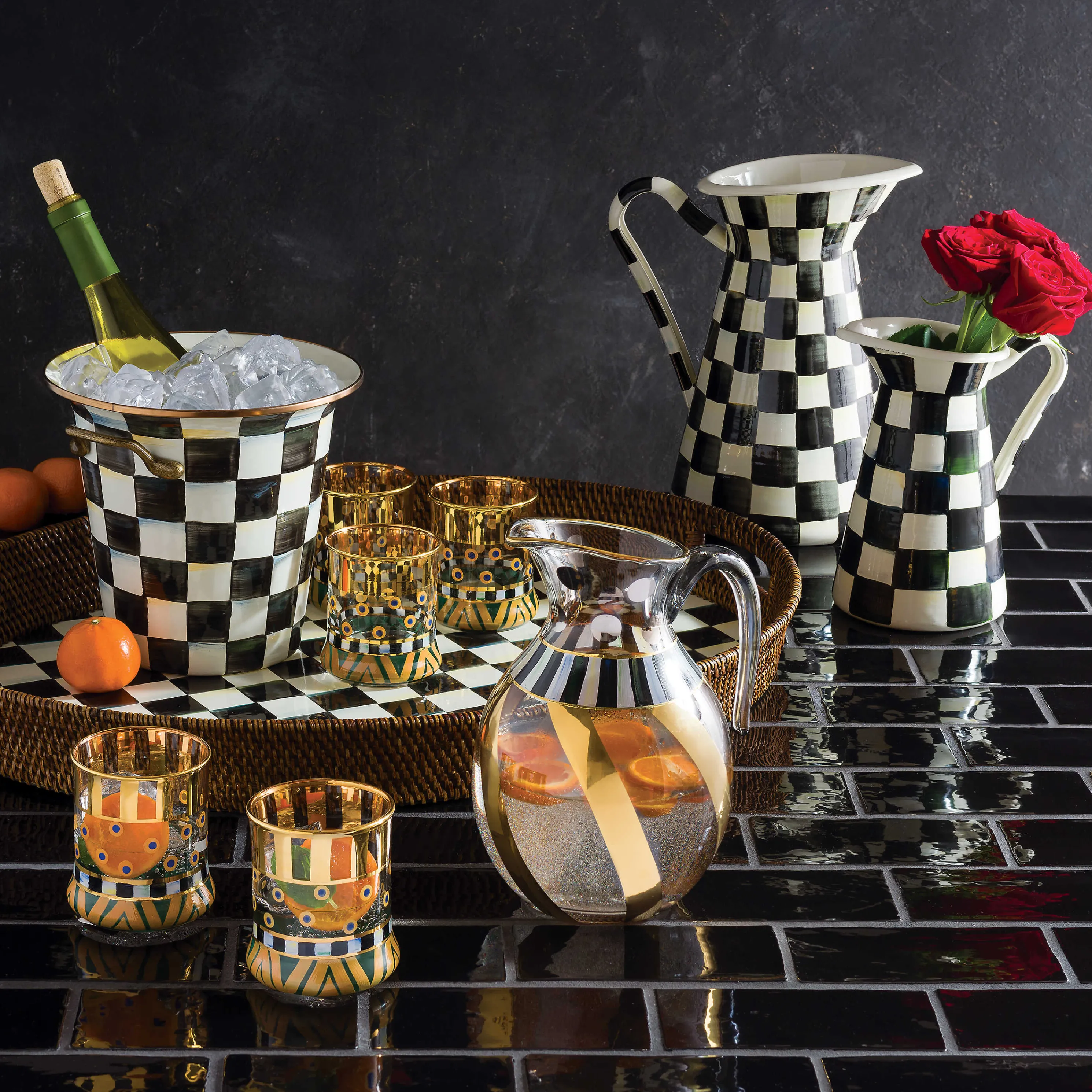 Courtly Check Rattan & Enamel Party Tray