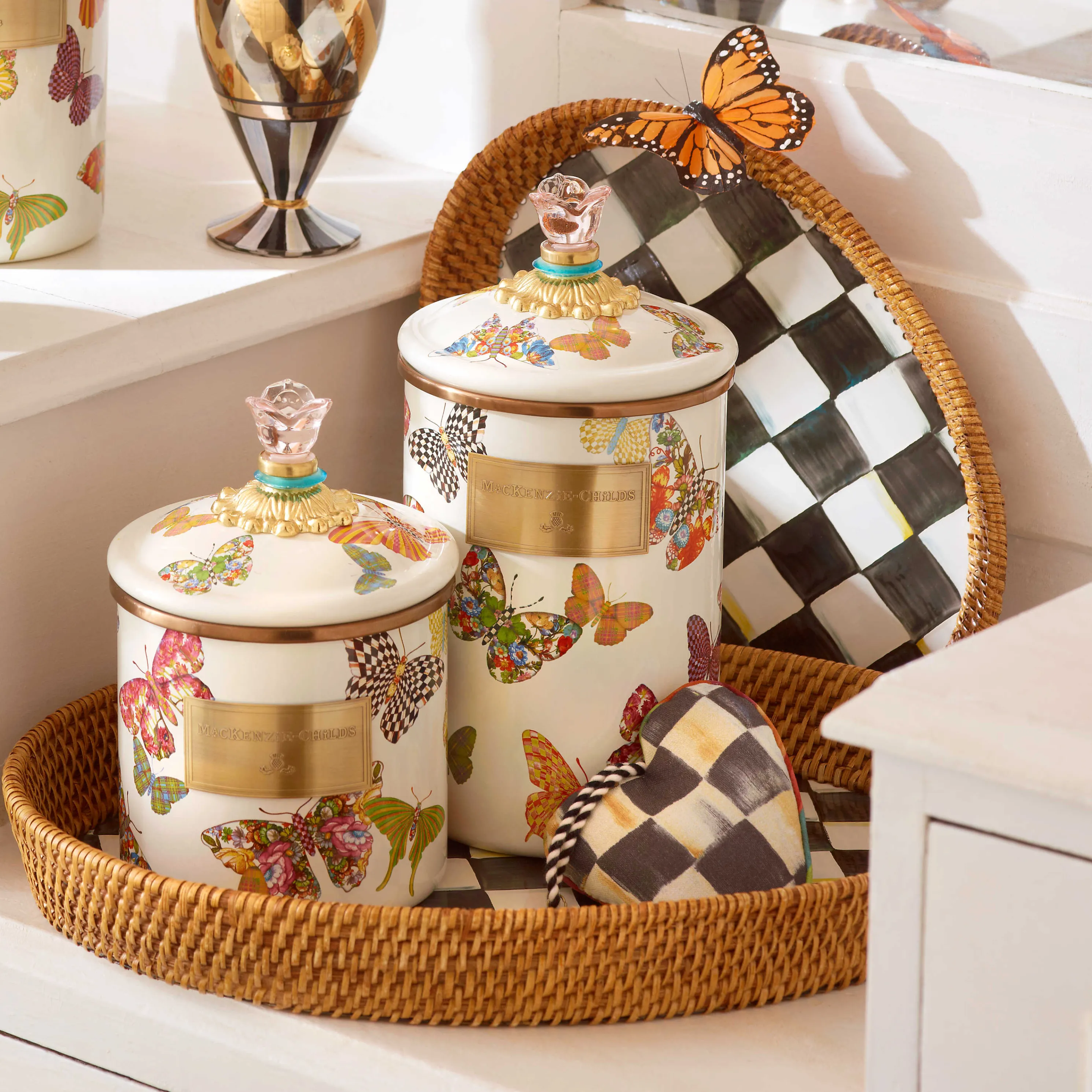 Courtly Check Rattan & Enamel Tray - Large