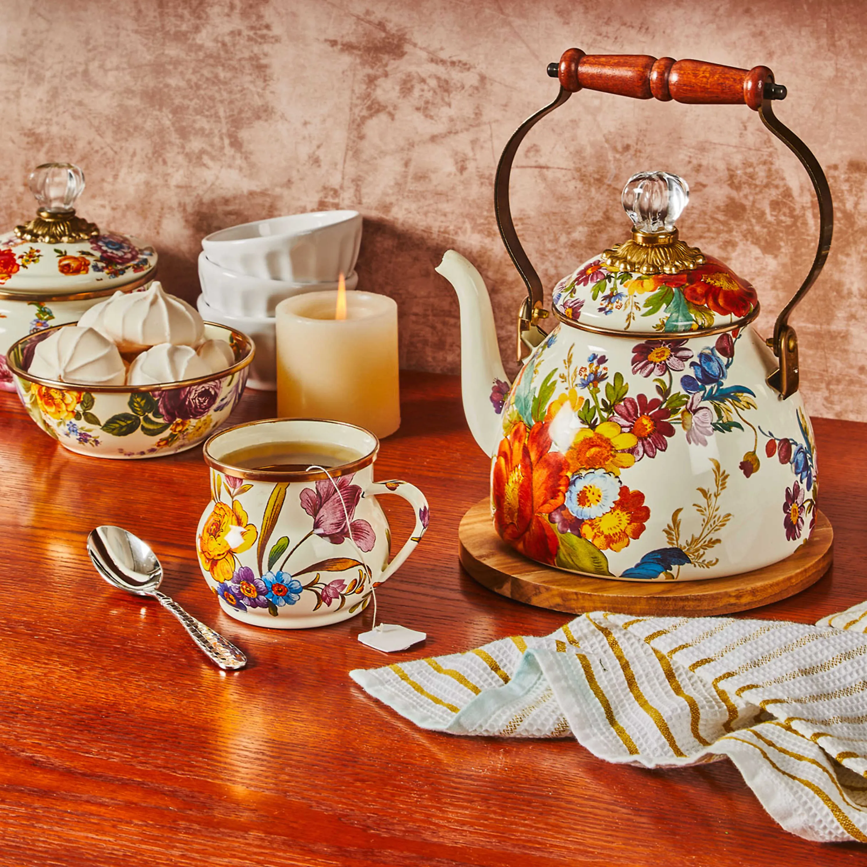 Flower Market 2 Quart Tea Kettle - White