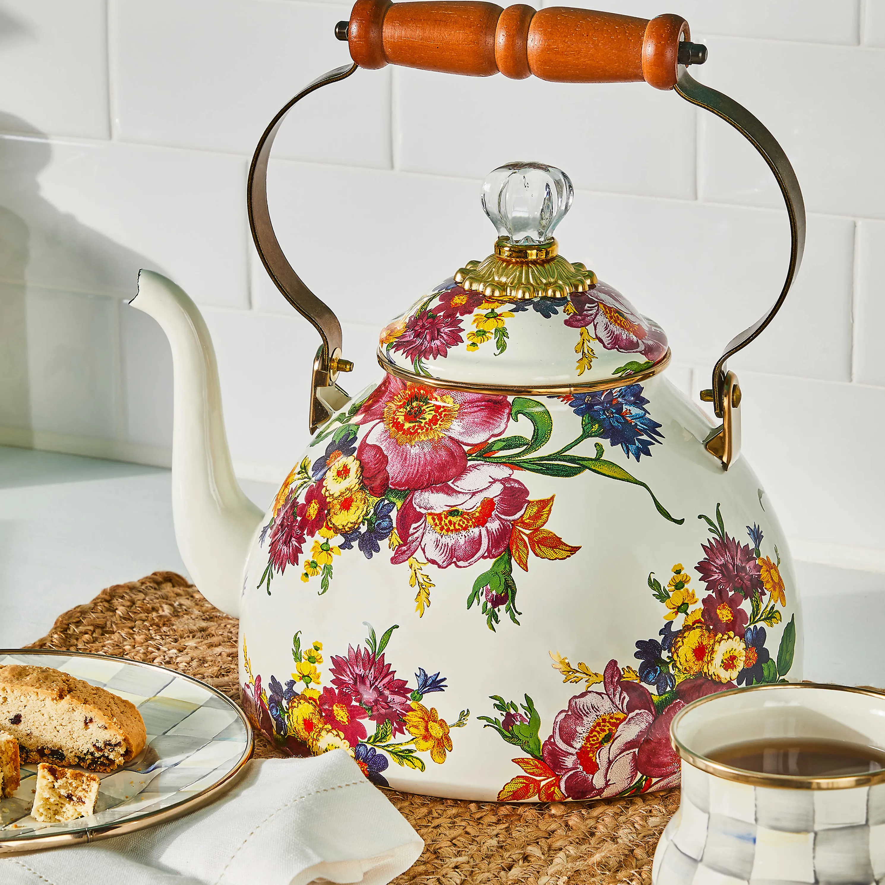 Flower Market 3 Quart Tea Kettle - White