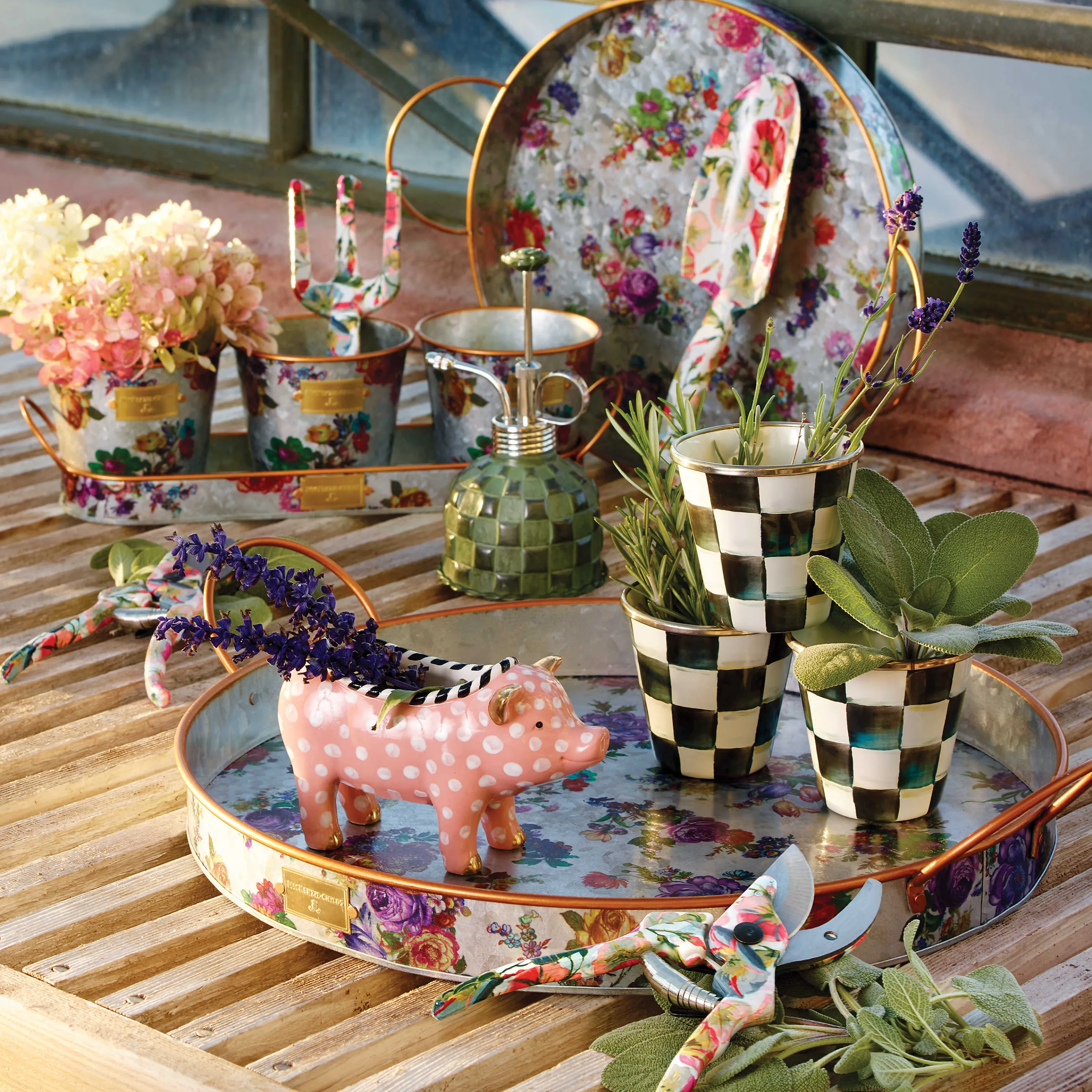 Flower Market Galvanized Herb Pots With Tray - Set Of 3