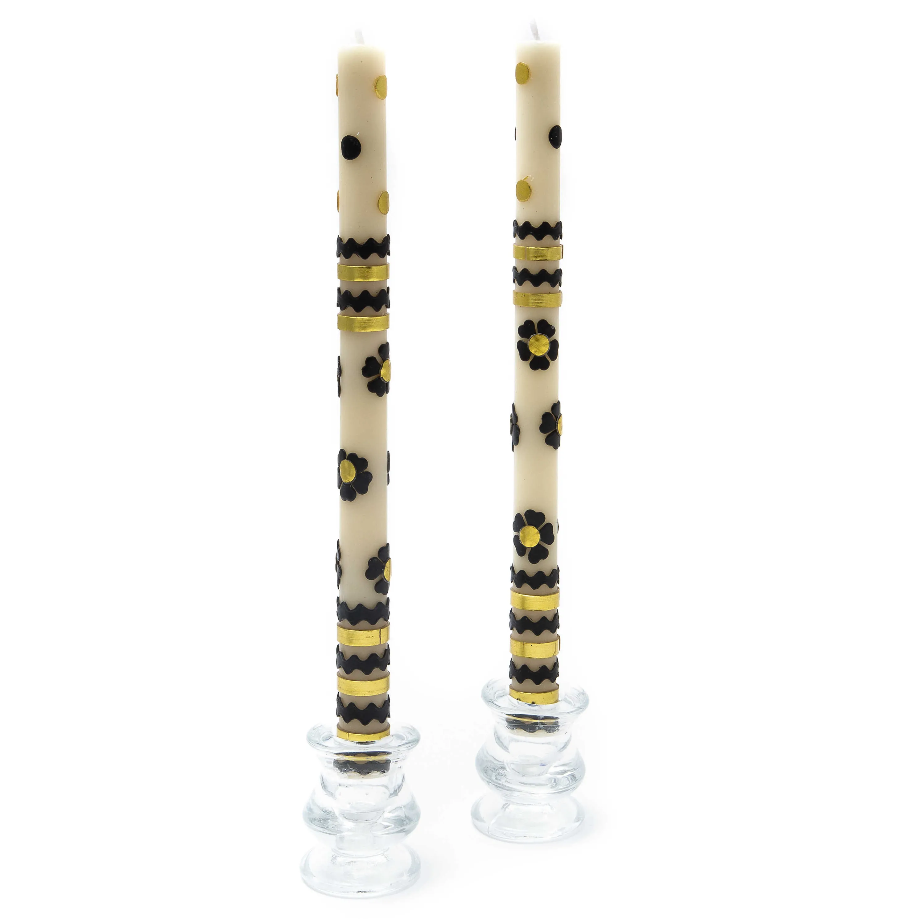 Mod Flower Dinner Candles - Black & Gold Rick Rack - Set Of 2
