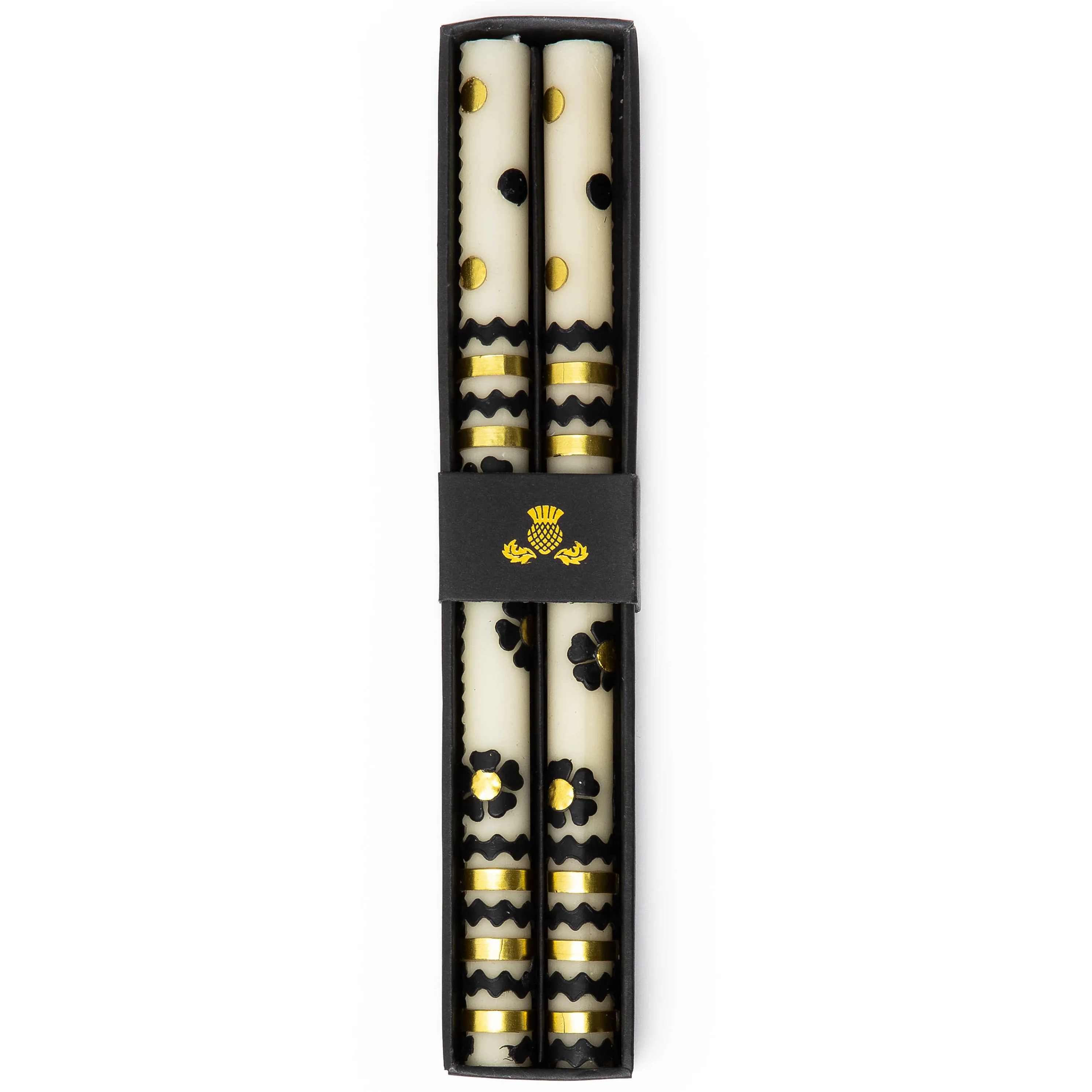 Mod Flower Dinner Candles - Black & Gold Rick Rack - Set Of 2