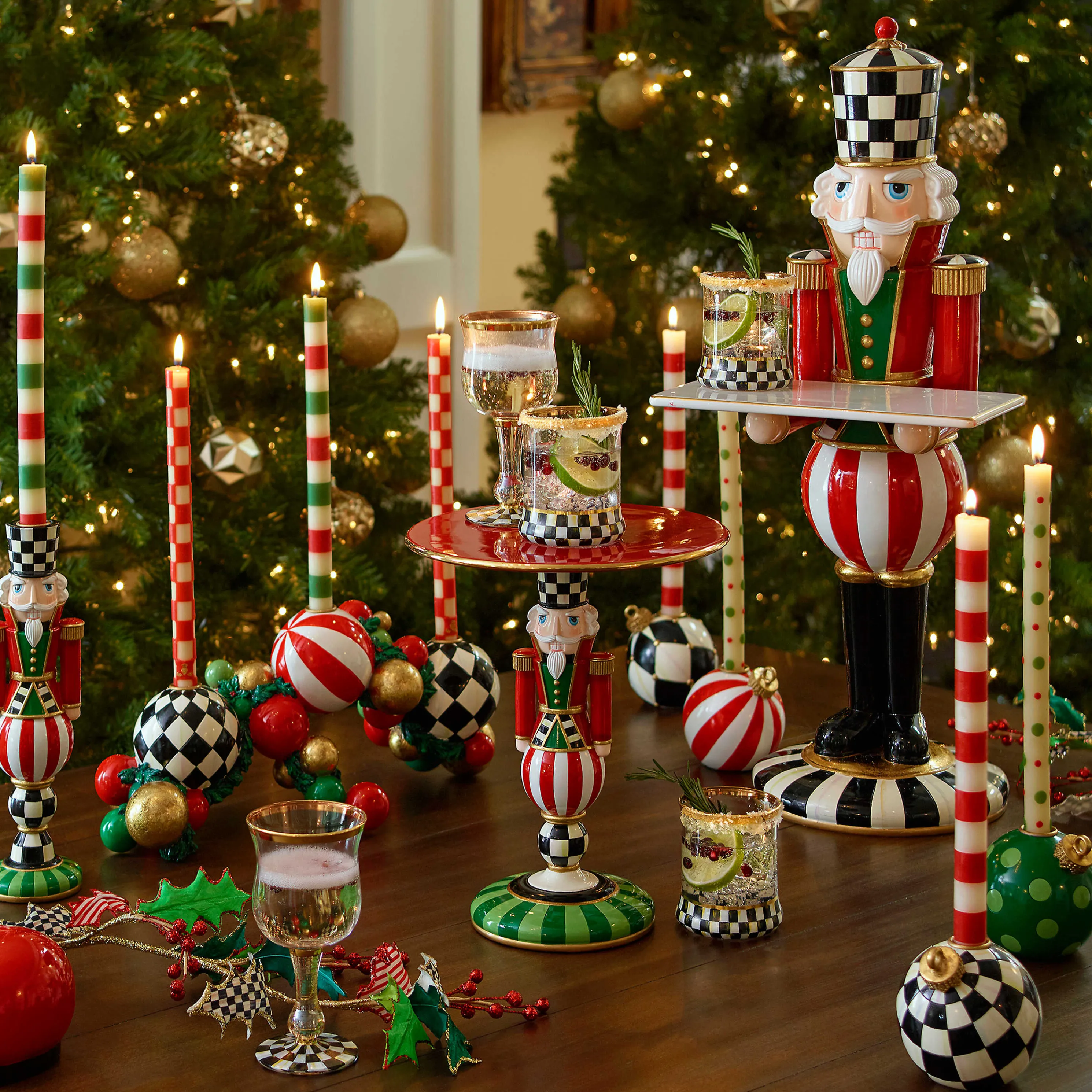 Multi Bands Dinner Candles - Red & Green - Set Of 2