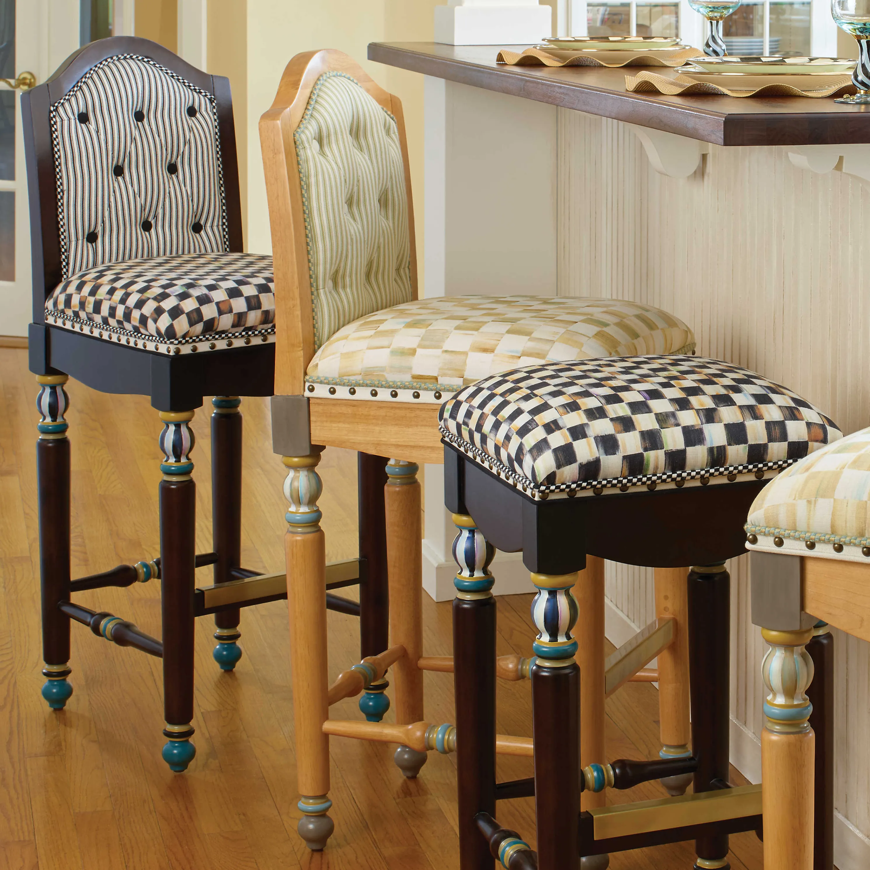 Parchment Check Underpinnings Bar Stool With Back