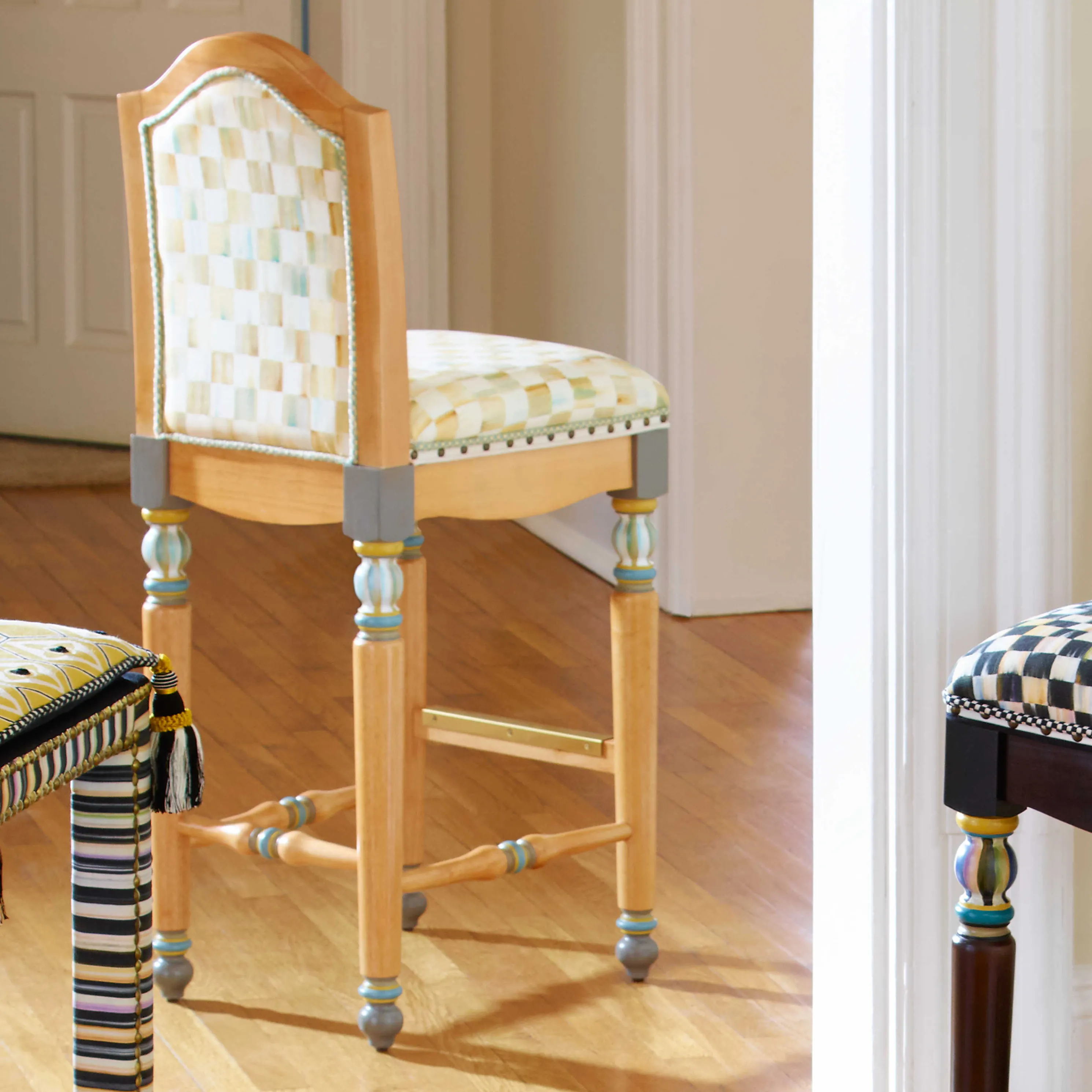 Parchment Check Underpinnings Bar Stool With Back