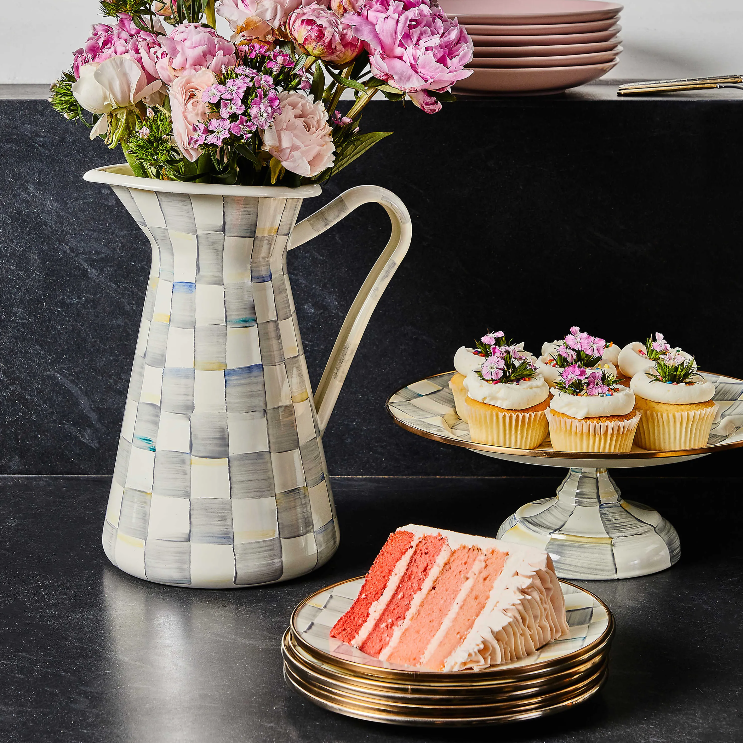 Sterling Check Enamel Practical Pitcher - Large