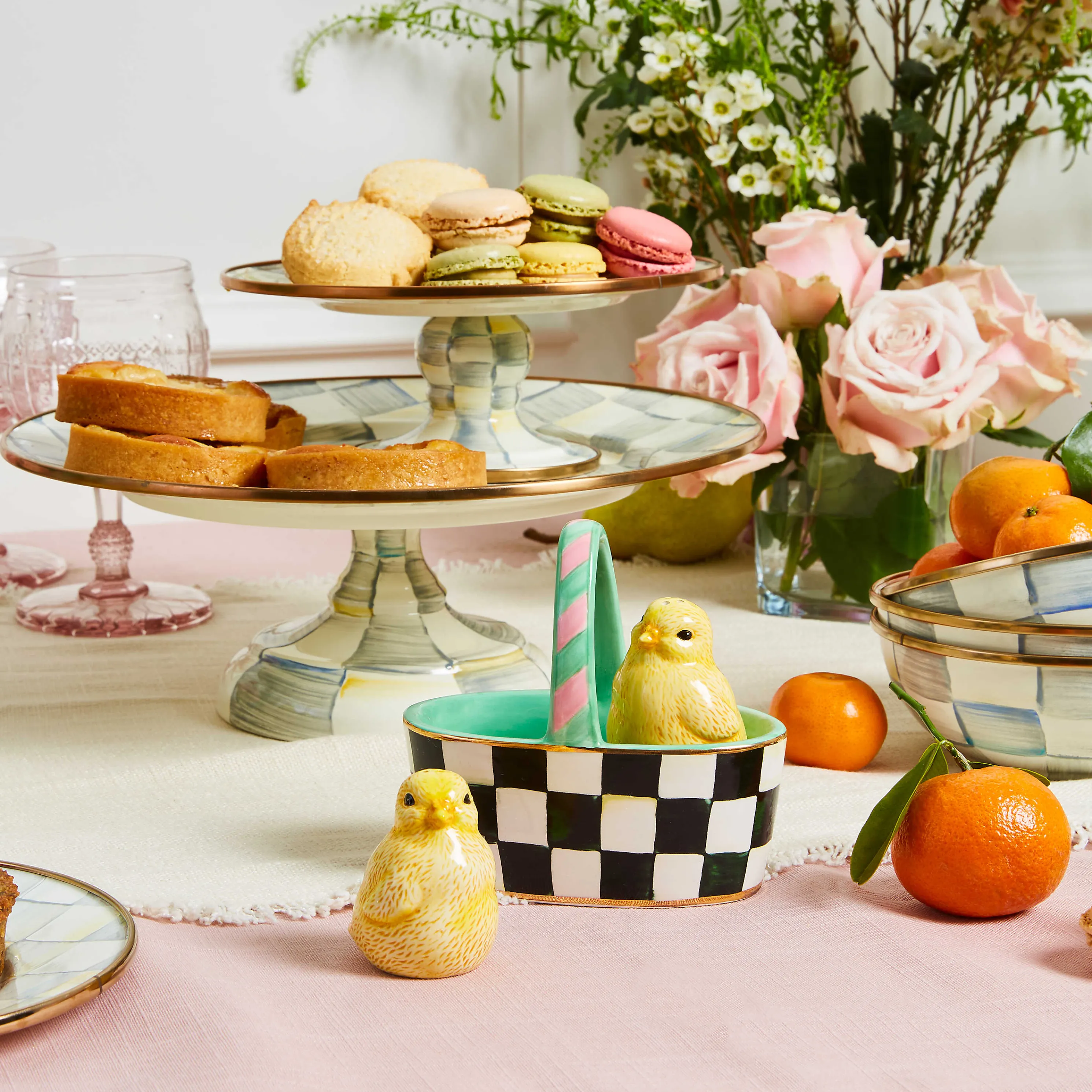 Sterling Check Enamel Pedestal Platter - Small