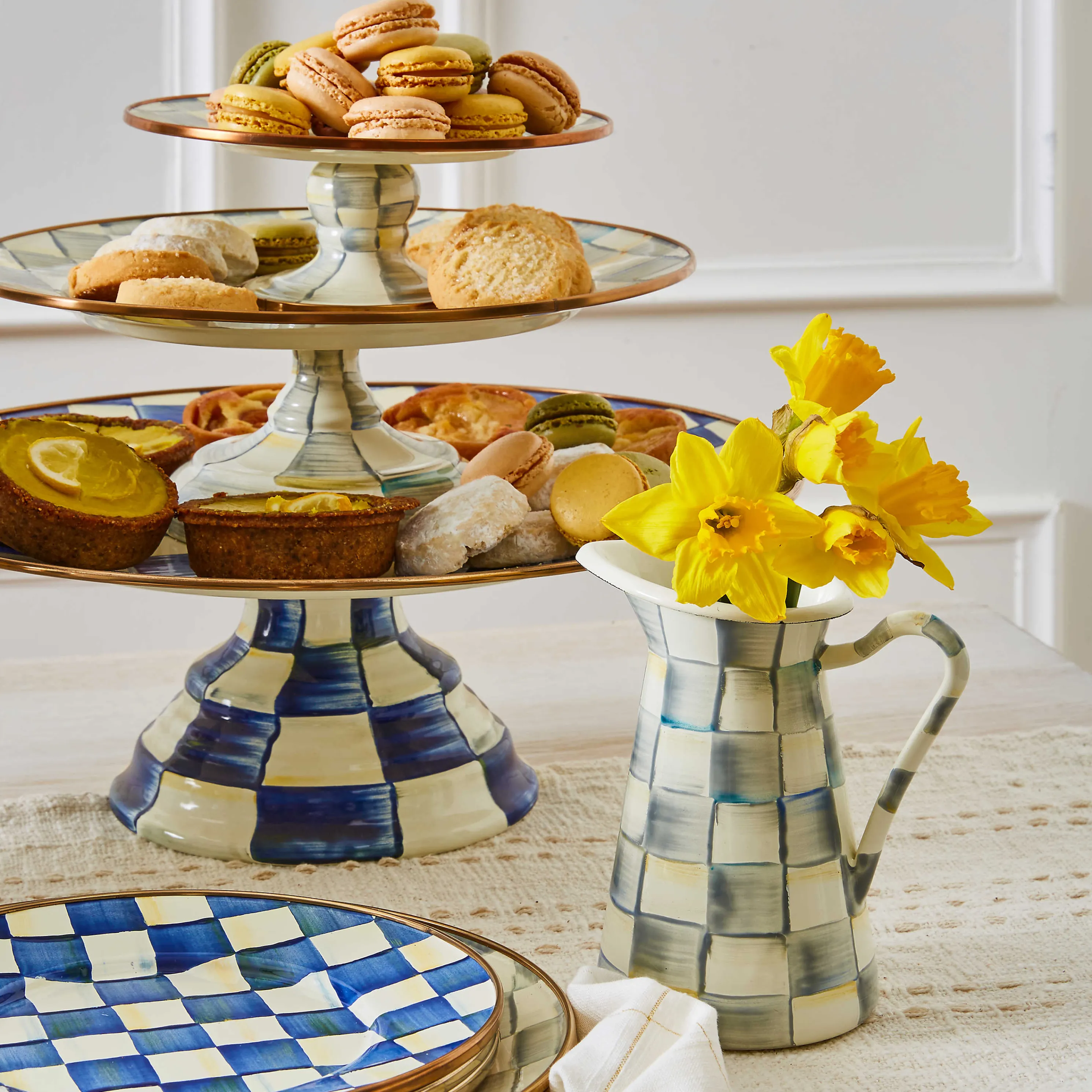 Sterling Check Enamel Pedestal Platter - Small