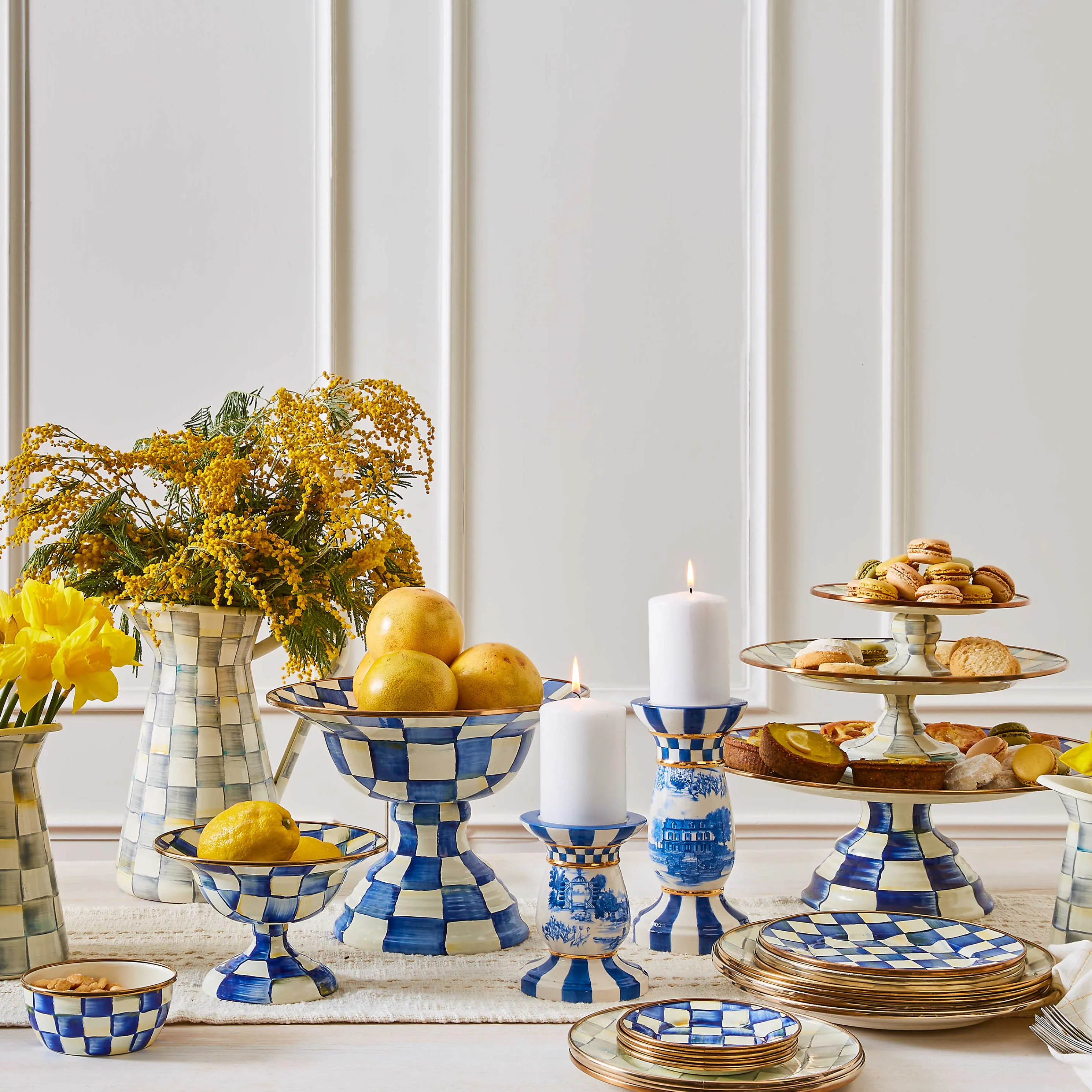 Sterling Check Enamel Pedestal Platter - Mini