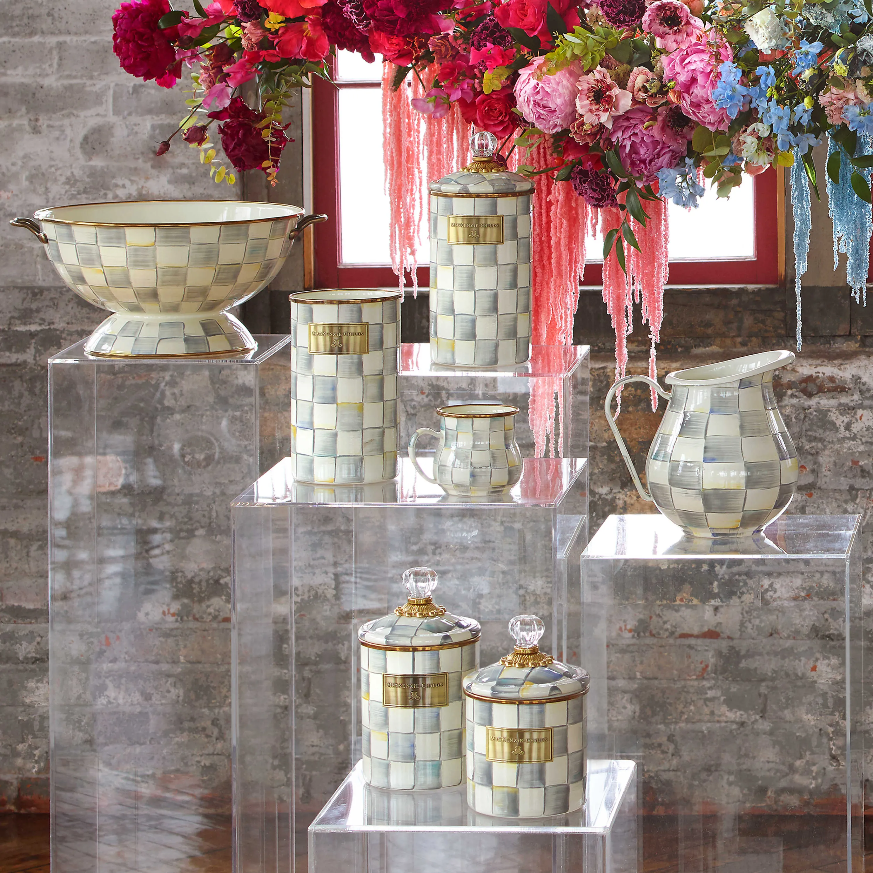 Sterling Check Enamel Canister - Medium