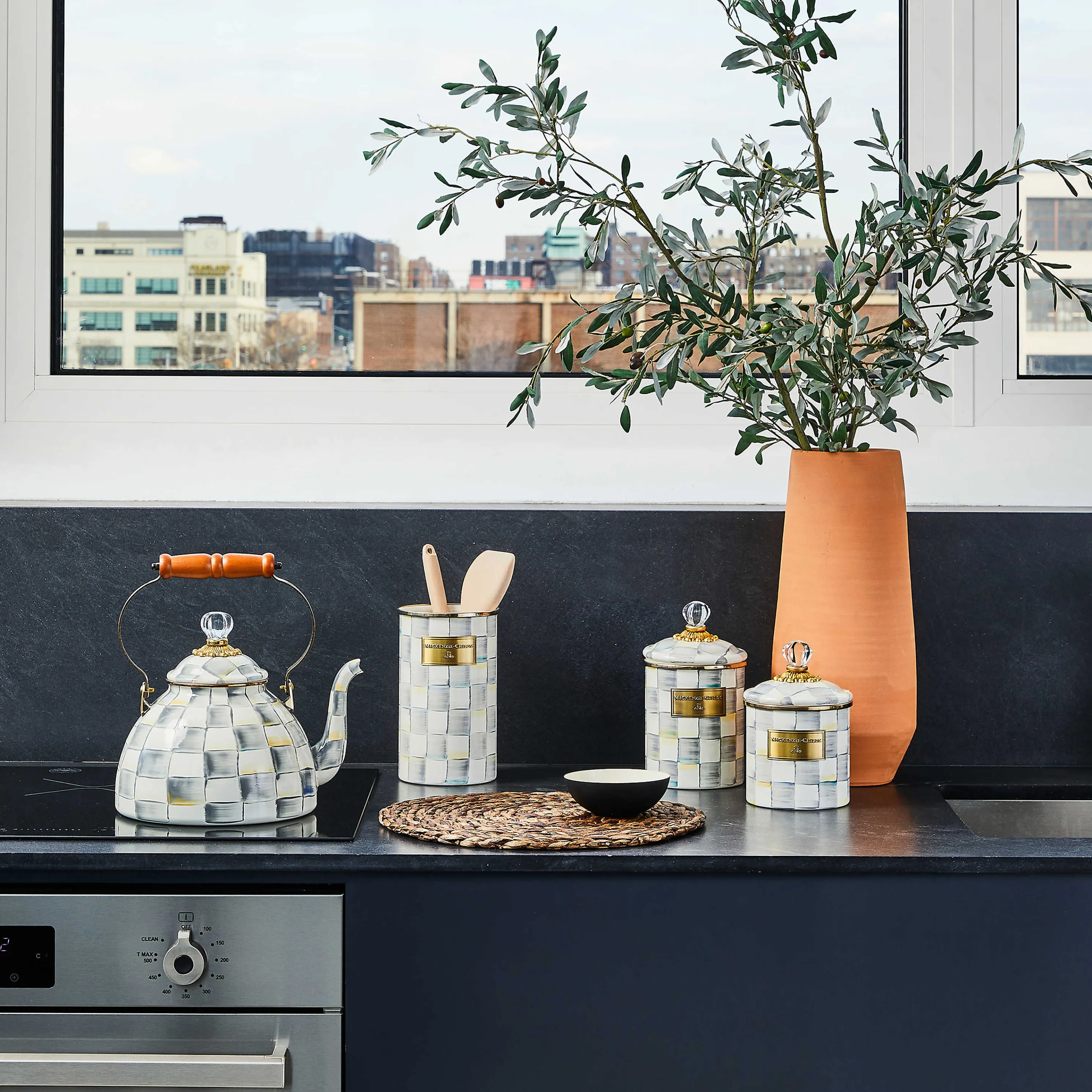 Sterling Check Enamel Canister - Medium