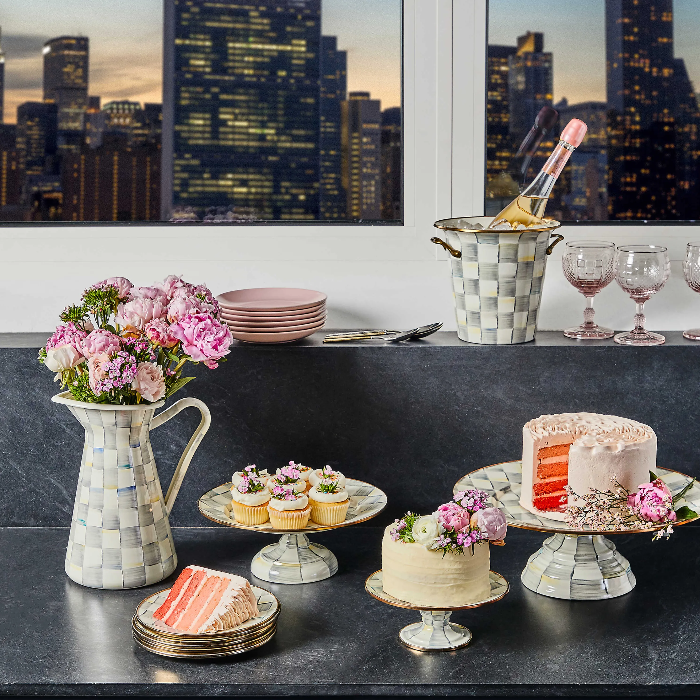 Sterling Check Enamel Pedestal Platter - Large